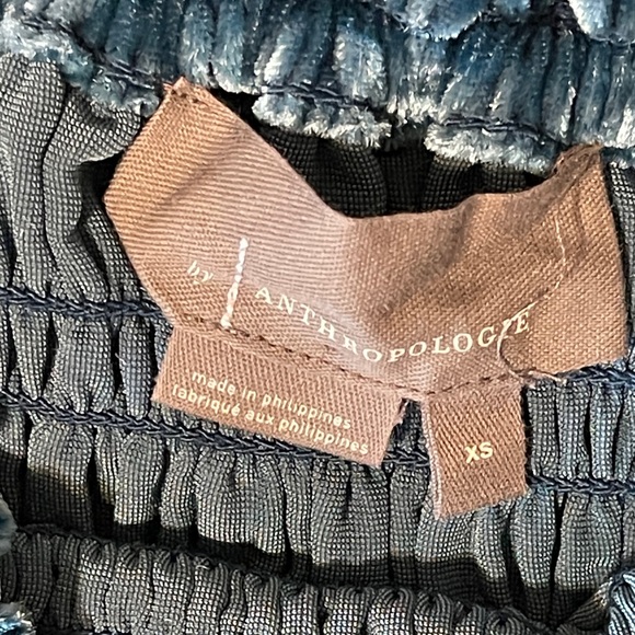 Anthropologie Women's Blue Velvet Smocked Puff Sleeve Blouse Cropped Fairy XS - Picture 7 of 10